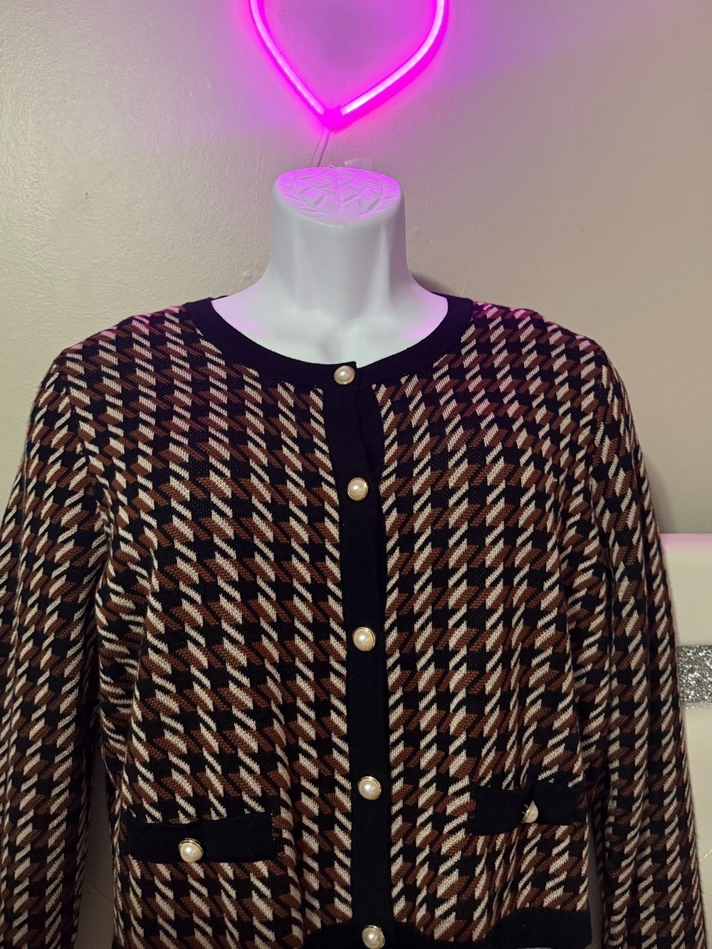 Women’s Houndstooth Crewneck Knit Blazer in Black, Brown & Cream